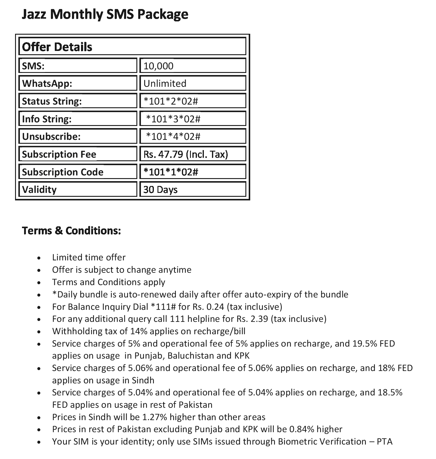 jazz sms package monthly code free